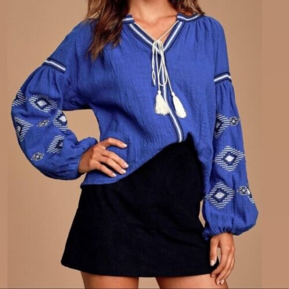 Lulu's South Island Royal Blue Embroidered Balloon Sleeve Shirt